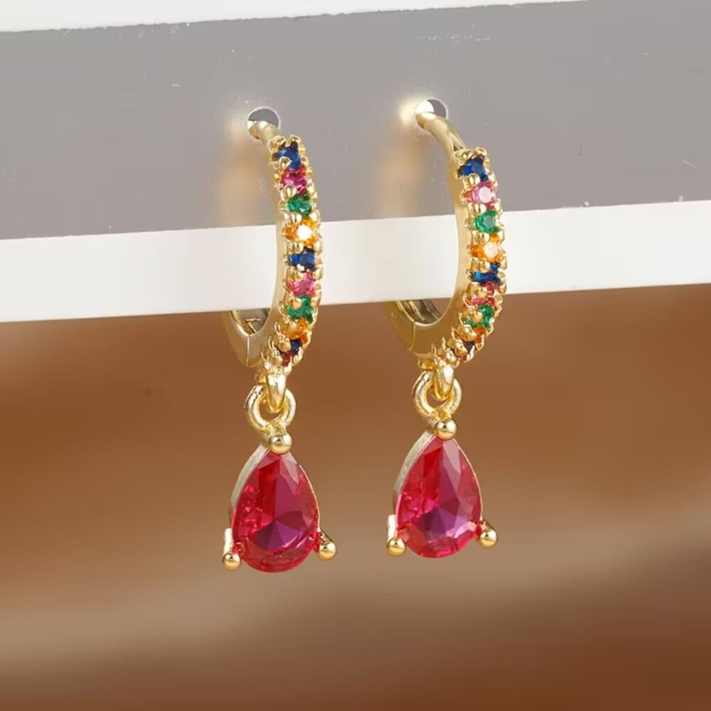 Red Zirconia Crystal Teardrop Drop Hoop Earrings Gold Dangle MultiColor Gemstone
